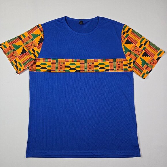 Luc Matton XL Blue Kente Cloth Dashiki Style Tee African Heritage Tribal Print - Picture 3 of 11